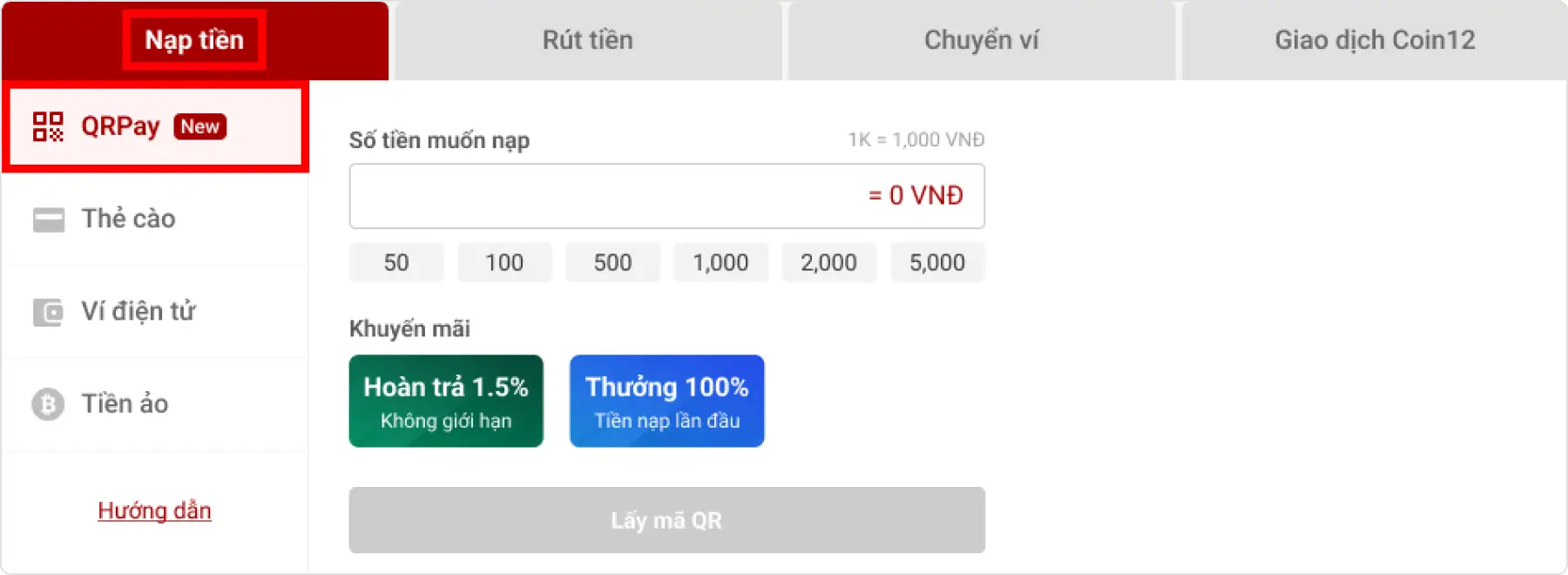 Hướng dẫn nạp tiền